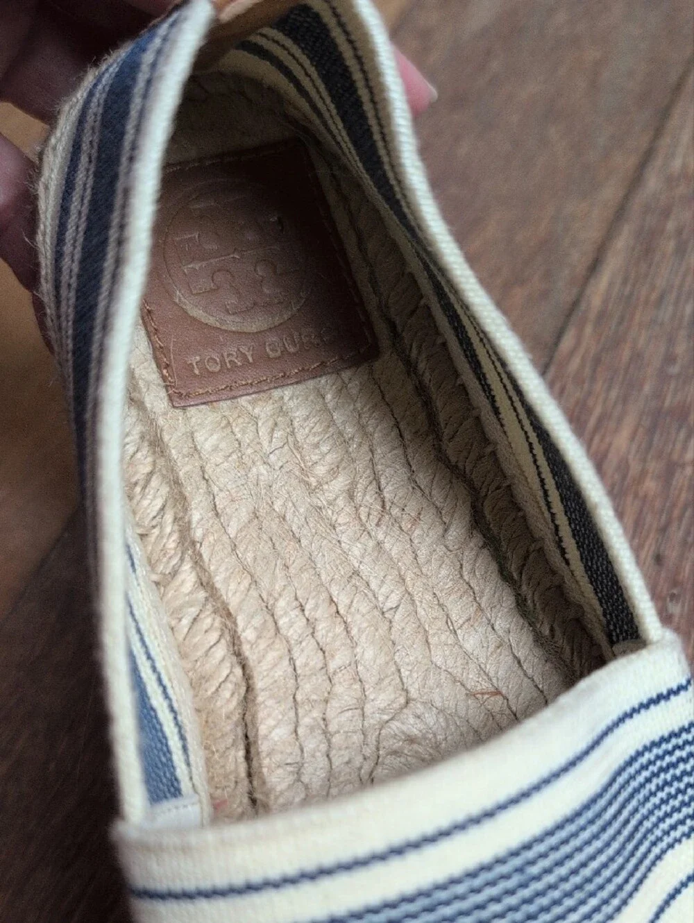 Tory Burch Cream Canvas Slip-Ons with Navy Stripes. Size 6.5